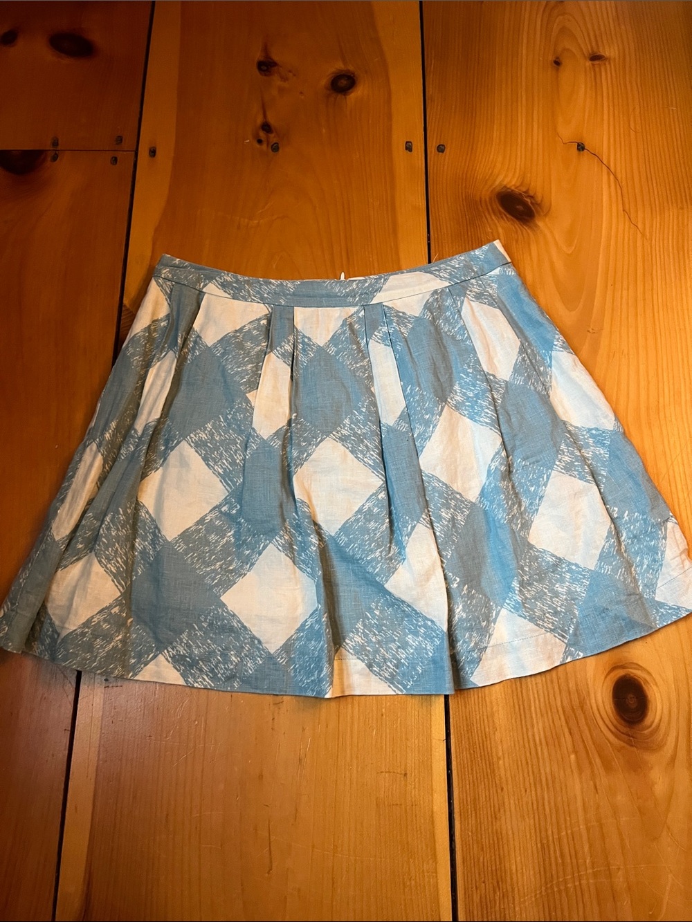 BODEN 6 Blue Picnic Basket Pattern 100% Linen Pleated Skirt Lined